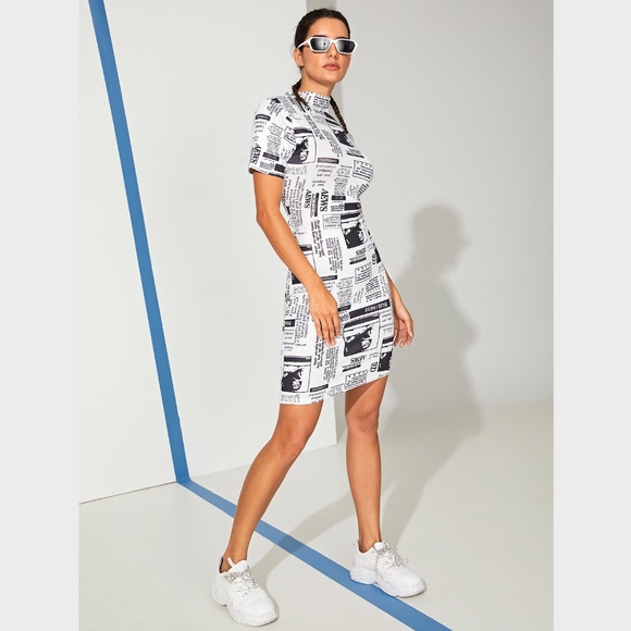 Newspaper Print Slim Mini Dress White and Black - Picture 2 of 8